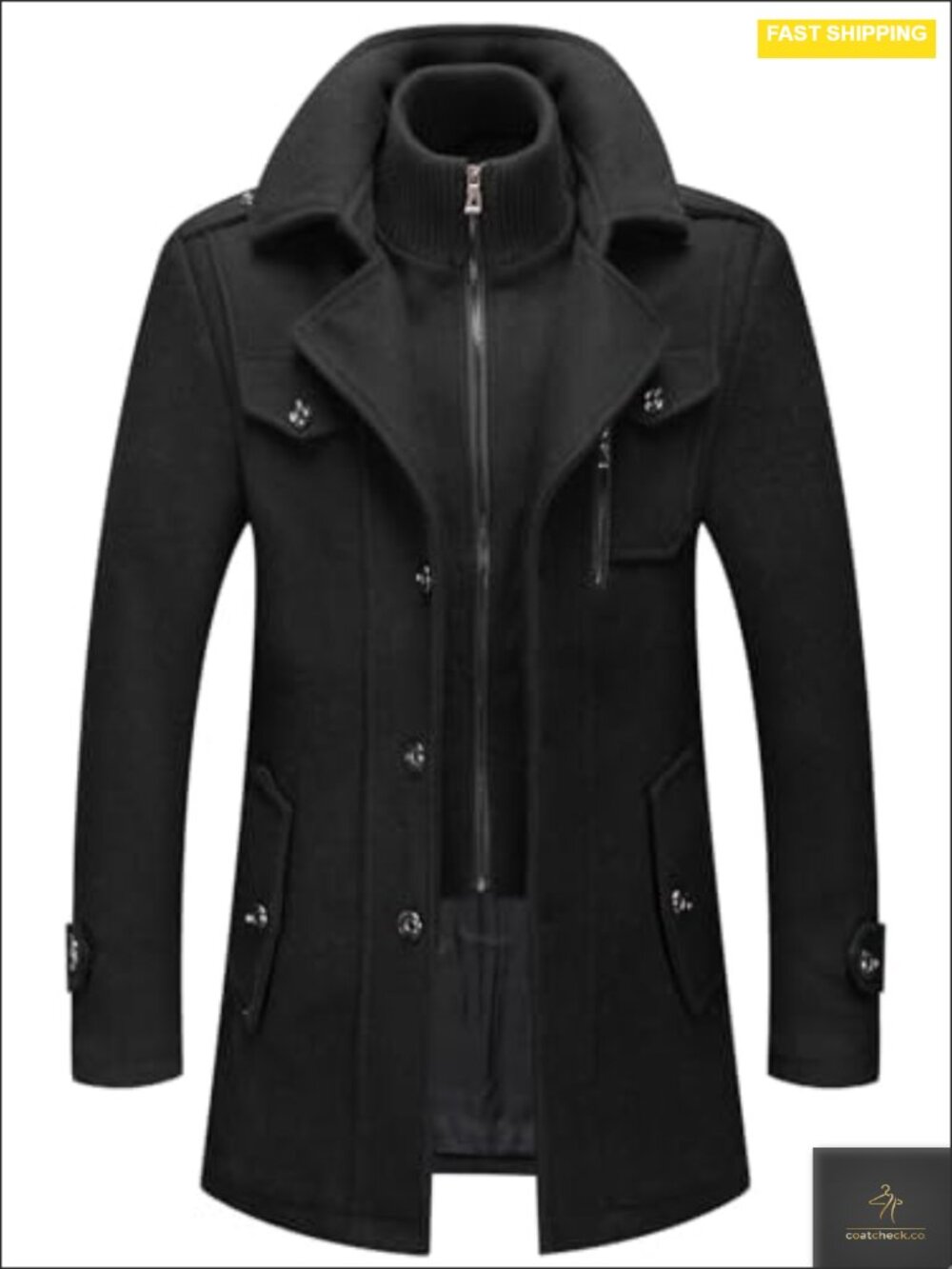 Men's Wool Blend Peacoat, Quilted Lined, Business Casual, Long Sleeve